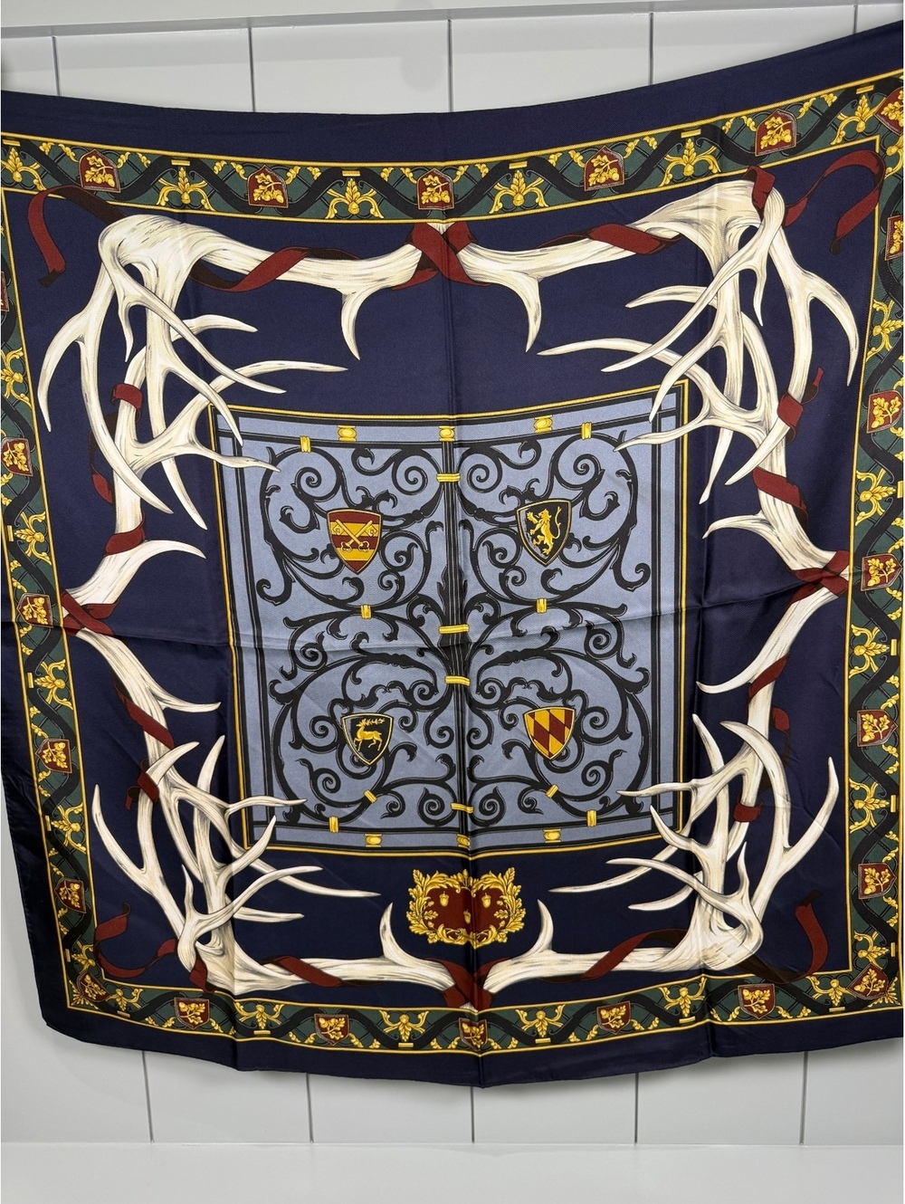 Vintage Wathne 100% Silk Scarf Japan Antlers Heraldic Crest Equestrian